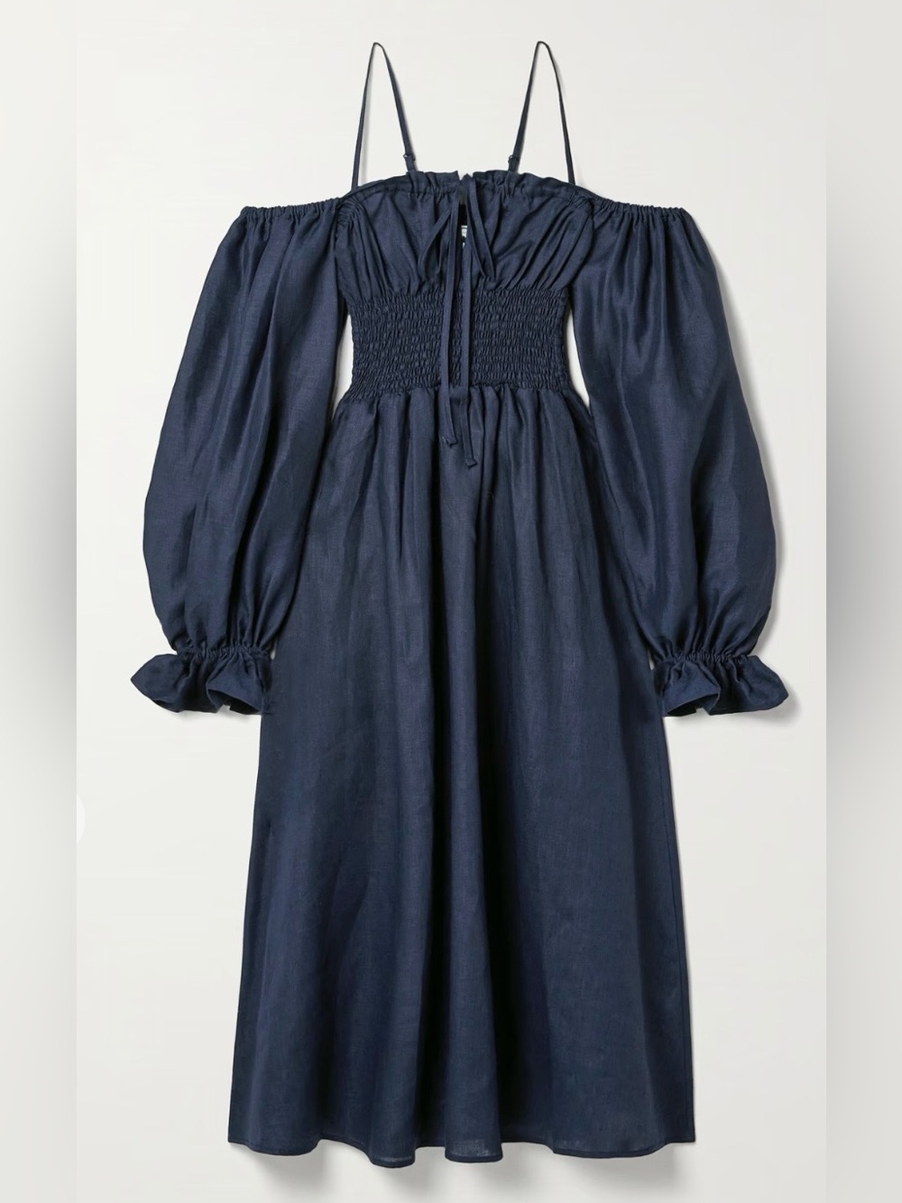 Sleeper Navy Off-Shoulder Smocked Midi Dress